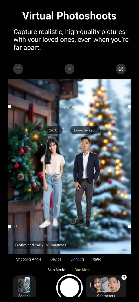 Lover Snap Virtual Photoshoots — duo mode generating a winter scene of two people together