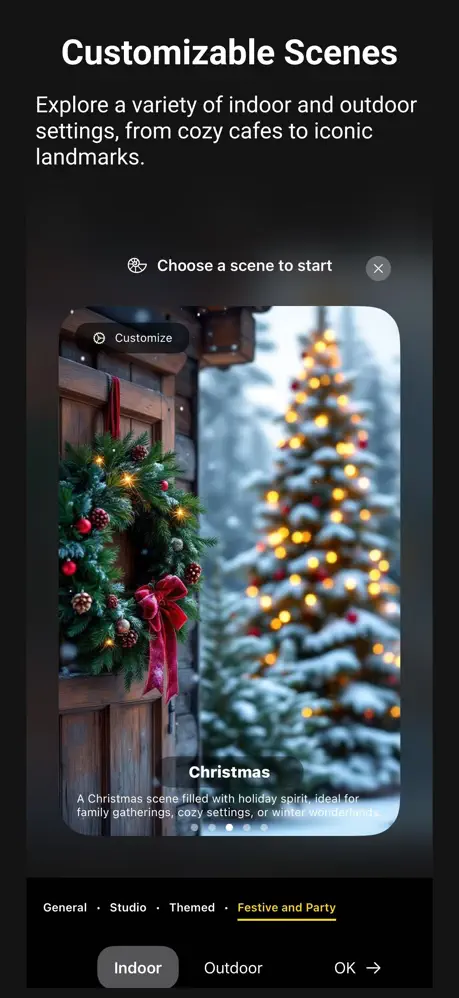 Lover Snap Customizable Scenes — scene selector showing a Christmas indoor setting