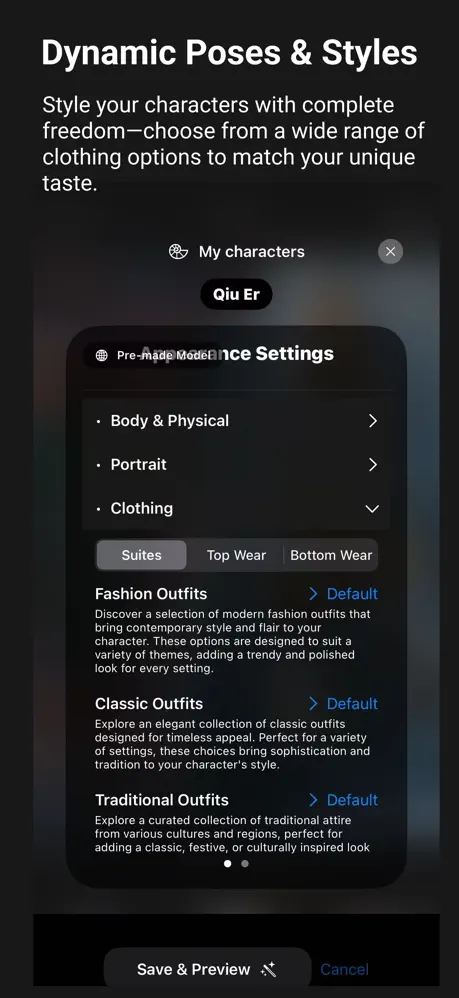 Lover Snap Dynamic Poses & Styles — character appearance settings with outfit selection